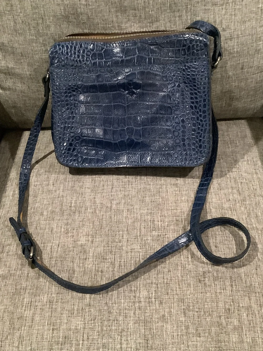Patricia Nash Navy Croc-Embossed Leather Messenger with Tan Interior Trim